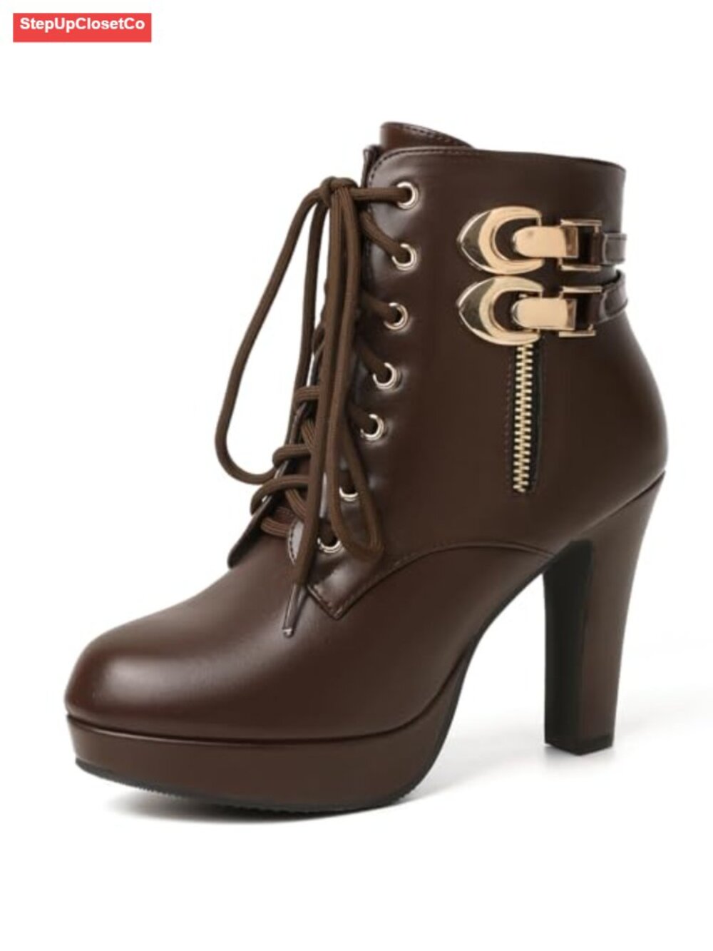 Women's Platform High Heel Boots Pointed Toe Lace Up Mid Calf Boots